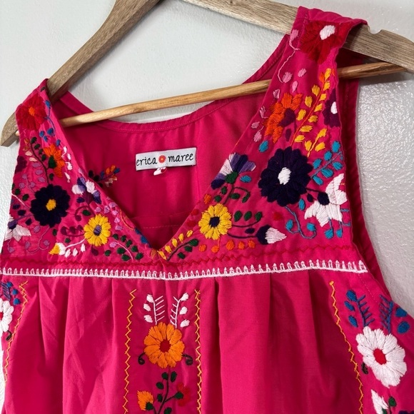 Erica Maree Boho Hot Pink Multicolor Embroidered Floral Mini Dress Size M - Picture 3 of 9